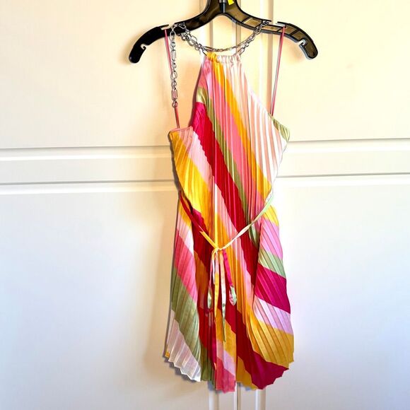 NWT Ramy Brook “Chloe” halter chain mini dress in pink punch stripes Size L - Picture 9 of 16